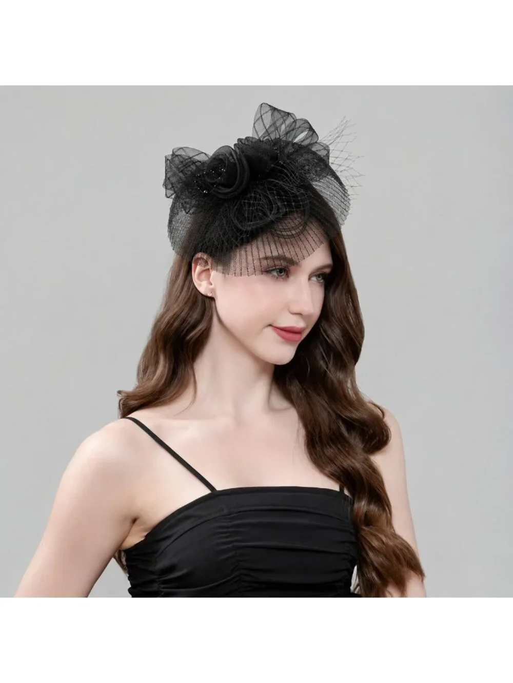 Black Rose Fascinator Hat Veil Mesh Headpiece Tea Party Derby Wedding Church